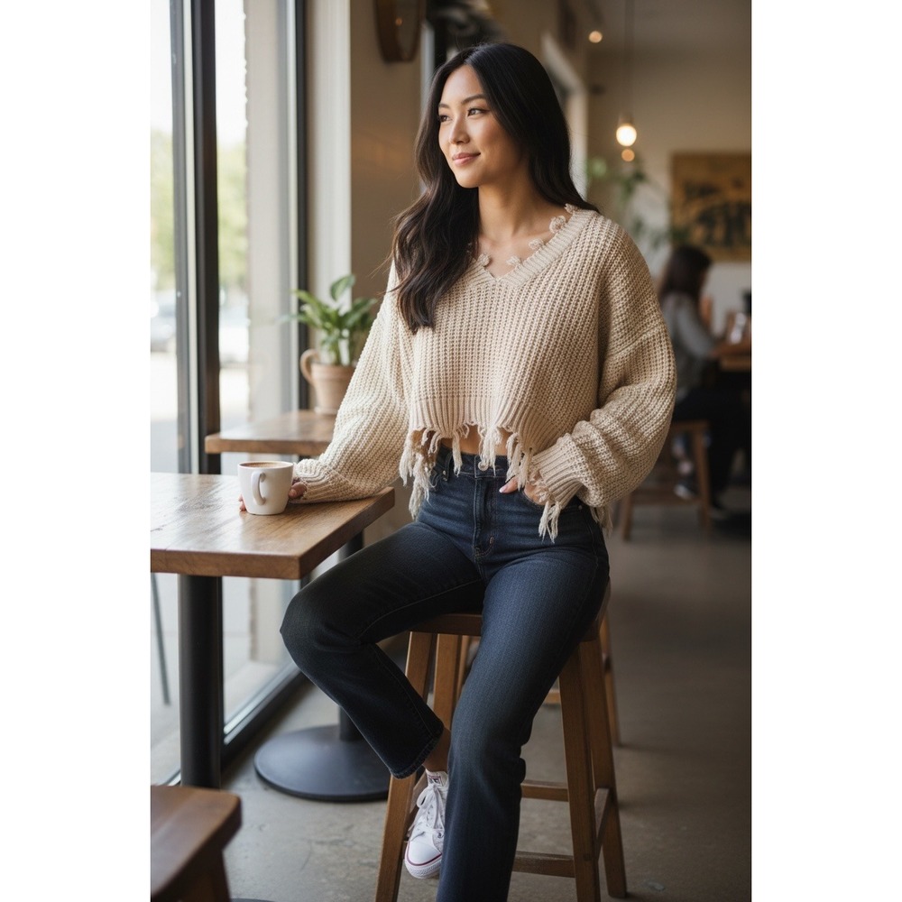 Zaful Distressed Cropped V-Neck Sweater Beige Chunky Knit Frayed Hem Grunge‎